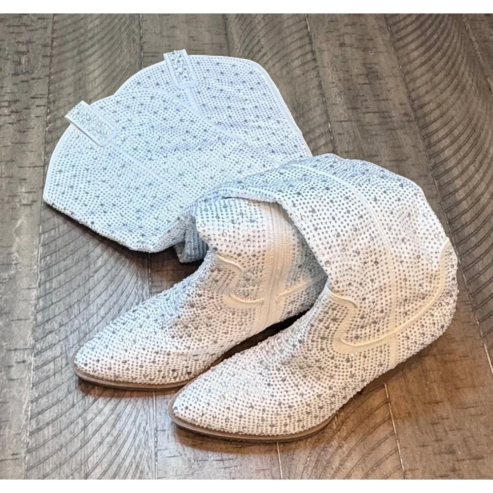 Forever White Rhinestone Over The Knee Western Cowgirl Boots Pointed Toe Heel 9